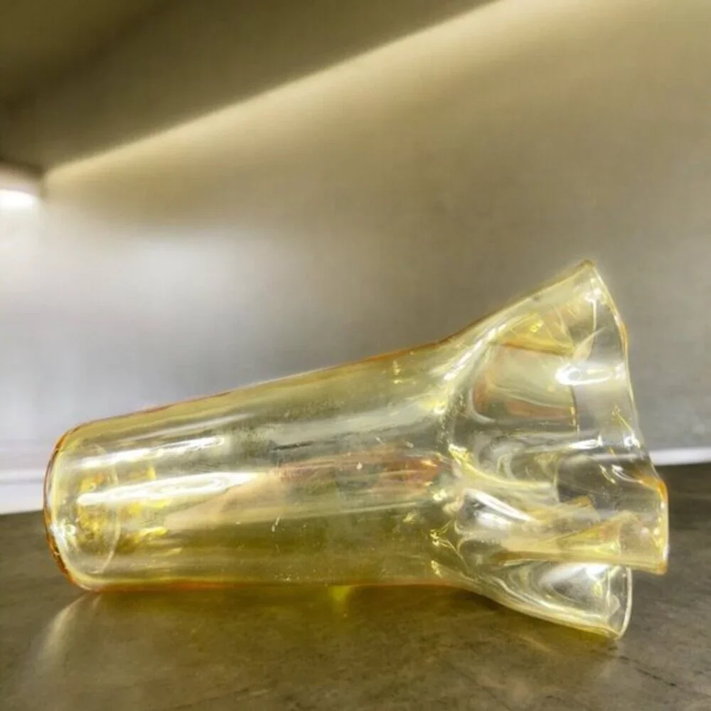 Mid Century Amber Art Glass Vase With Ruffled Top Edges‎ Hand Blown Glass Decor